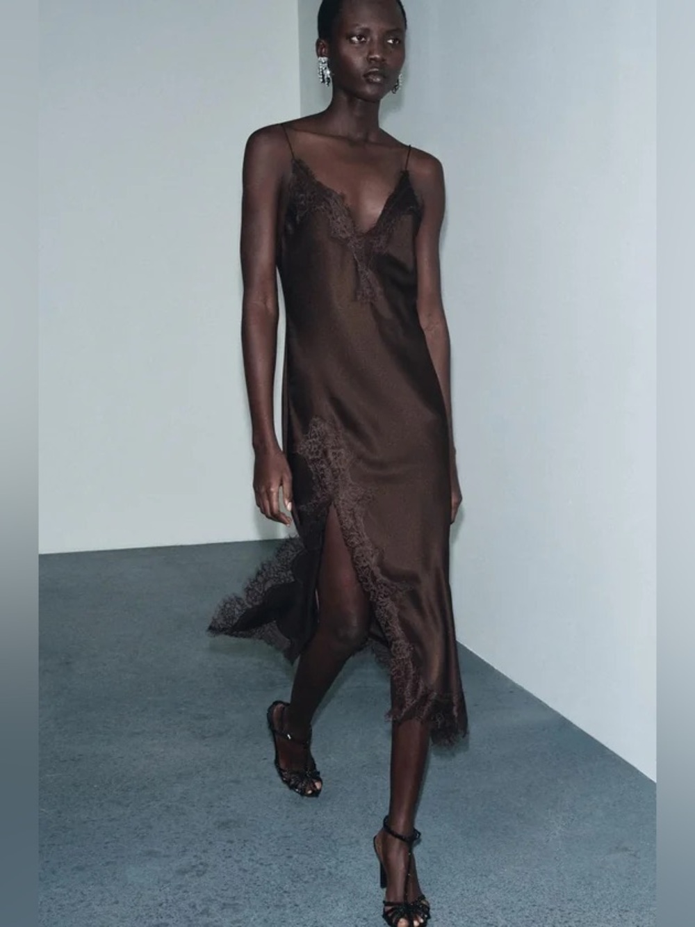 ZARA ZW Brown Satin Lace Asymmetrical Slip Dress 5919/040 XS NWT